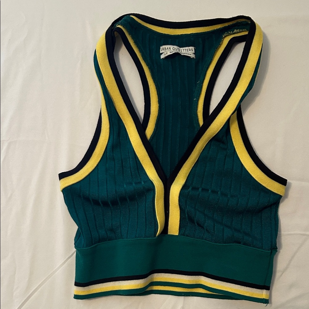 Urban Outfitters Teal Ribbed Racerback Crop Top with Yellow and Black Trim